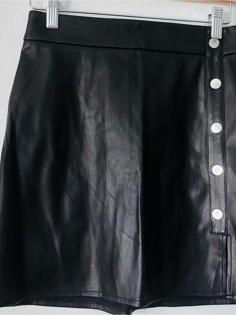 Bar III Black Faux Leather Mini Skirt with Side Snap Detail